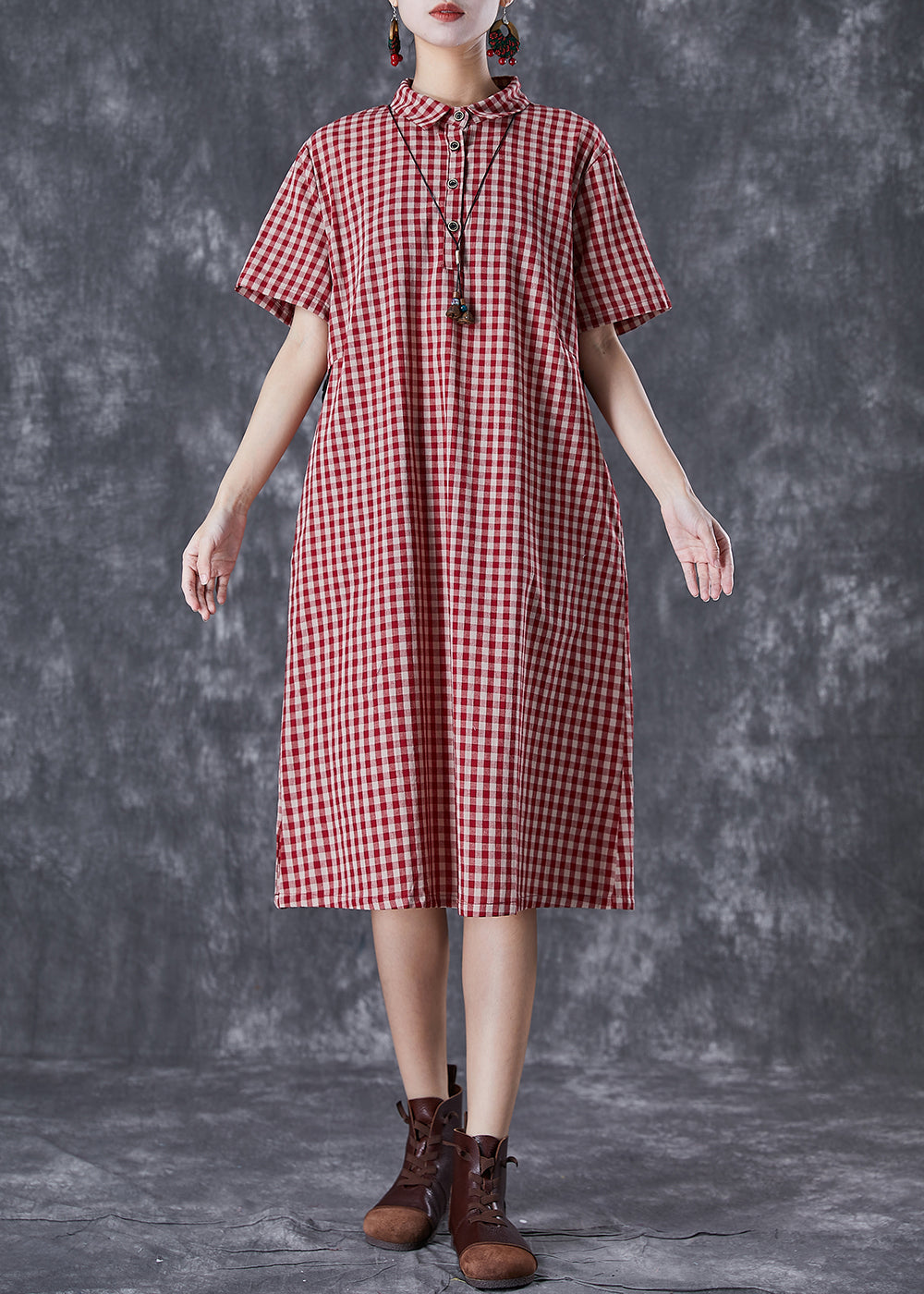 Bohemian Red Peter Pan Collar Plaid Linen Maxi Dress Summer TD1020 - fabuloryshop