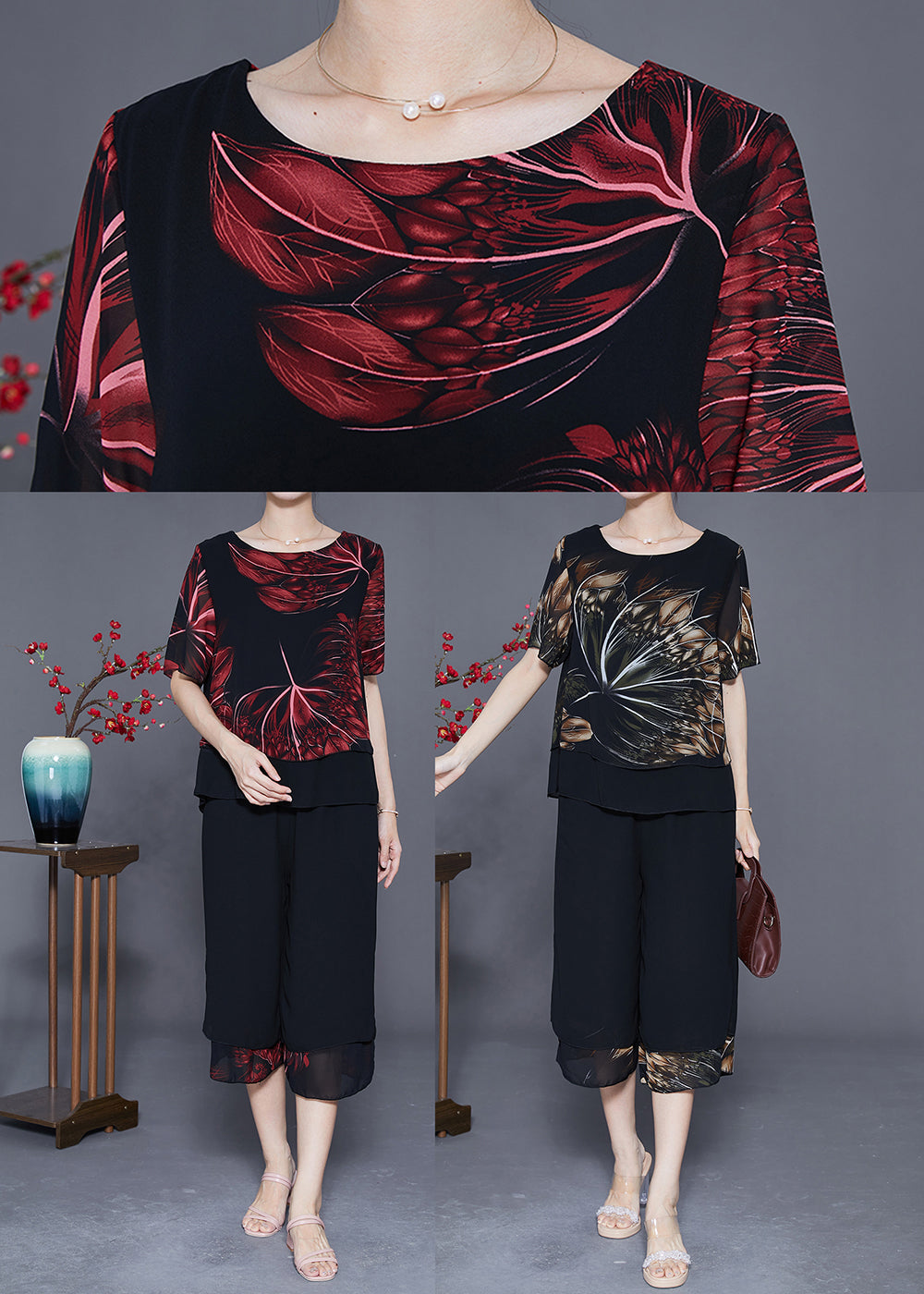 Bohemian Red Print Oversized Chiffon Two Piece Set Women Clothing Summer LY3628 - fabuloryshop