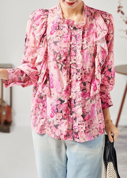 Bohemian Red Print Patchwork Ruffled Silk Shirt Tops Spring LY1811 - fabuloryshop