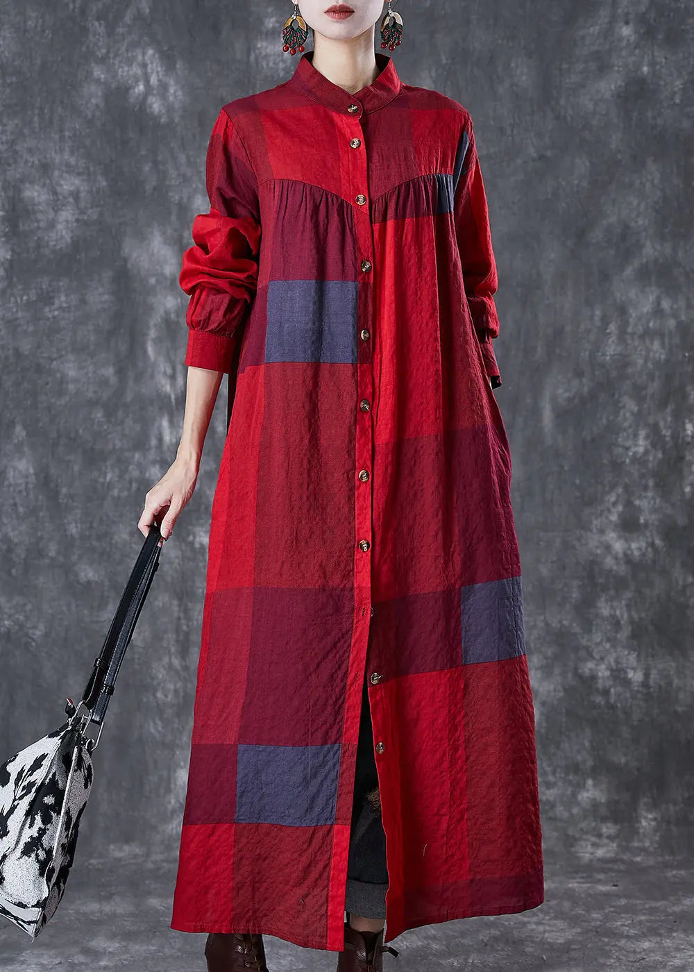 Bohemian Red Stand Collar Print Linen Long Dresses Fall Ada Fashion