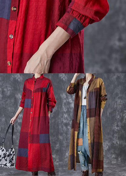 Bohemian Red Stand Collar Print Linen Long Dresses Fall Ada Fashion