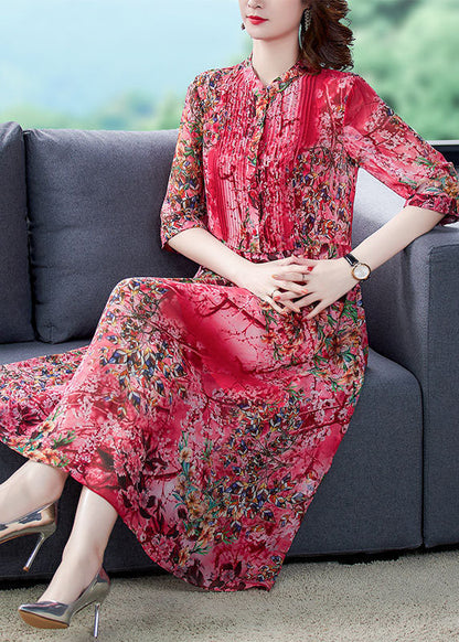 Bohemian Red Stand Collar Print Wrinkled Chiffon Vacation Dresses Half Sleeve LC0240 - fabuloryshop