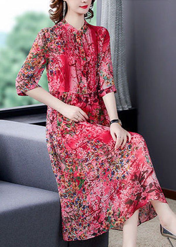 Bohemian Red Stand Collar Print Wrinkled Chiffon Vacation Dresses Half Sleeve LC0240 - fabuloryshop