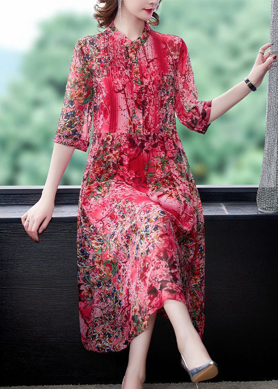 Bohemian Red Stand Collar Print Wrinkled Chiffon Vacation Dresses Half Sleeve LC0240 - fabuloryshop