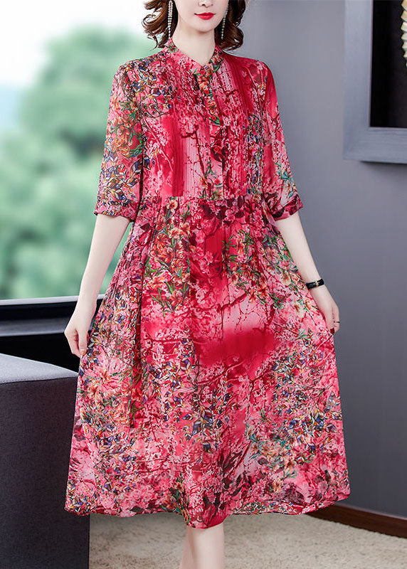 Bohemian Red Stand Collar Print Wrinkled Chiffon Vacation Dresses Half Sleeve LC0240 - fabuloryshop