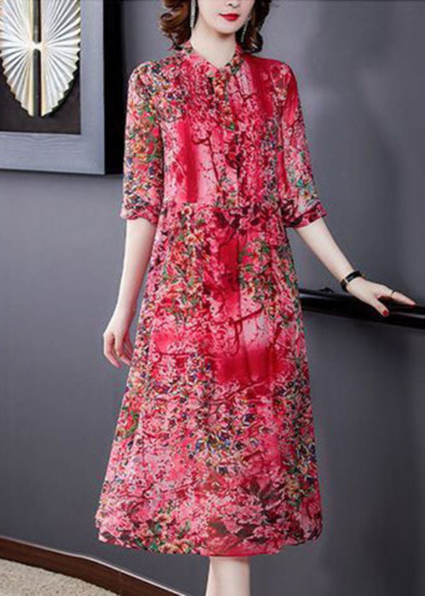 Bohemian Red Stand Collar Print Wrinkled Chiffon Vacation Dresses Half Sleeve LC0240 - fabuloryshop