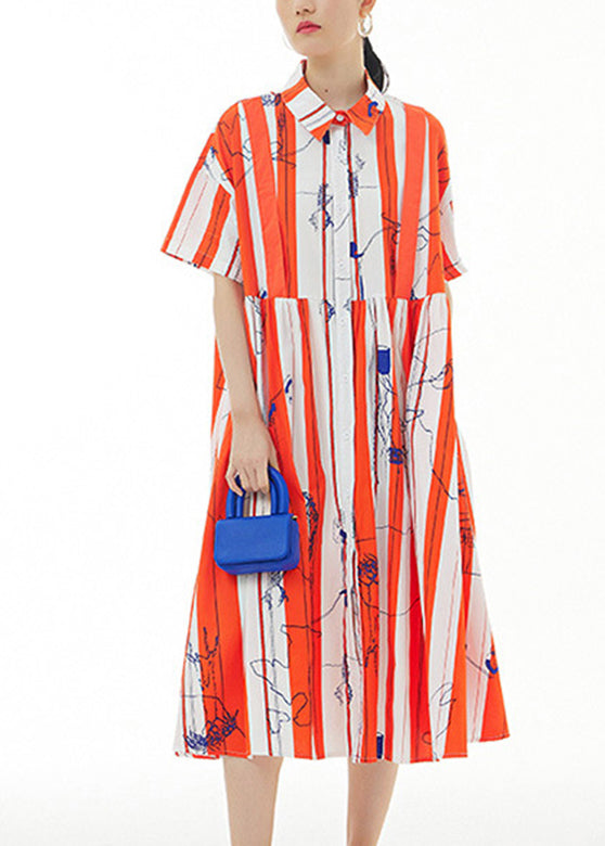 Bohemian Red Striped Peter Pan Collar Print Cotton Maxi Shirt Dress Summer LY1096 - fabuloryshop