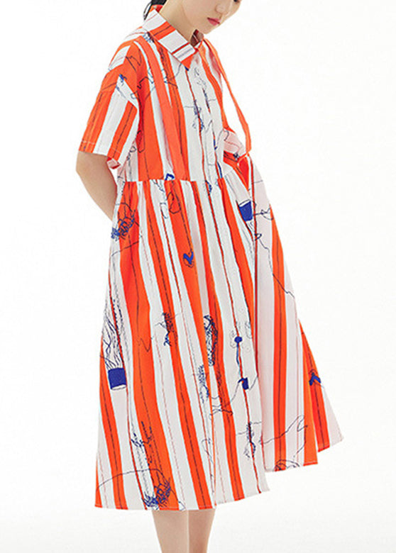 Bohemian Red Striped Peter Pan Collar Print Cotton Maxi Shirt Dress Summer LY1096 - fabuloryshop