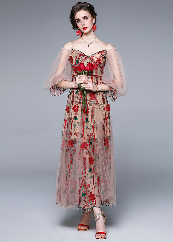 Bohemian Red V Neck Embroideried Patchwork Tulle Dress Lantern Sleeve LY7388 - fabuloryshop