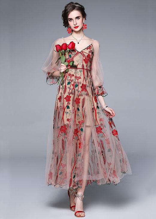 Bohemian Red V Neck Embroideried Patchwork Tulle Dress Lantern Sleeve LY7388 - fabuloryshop