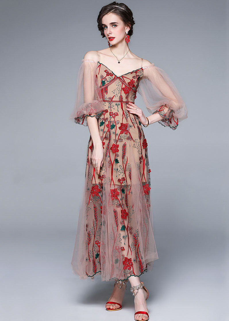 Bohemian Red V Neck Embroideried Patchwork Tulle Dress Lantern Sleeve LY7388 - fabuloryshop