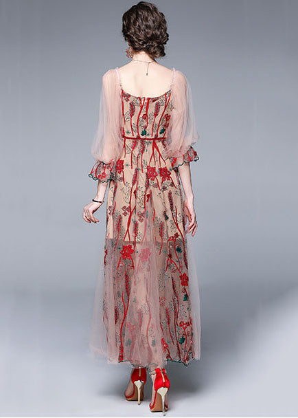 Bohemian Red V Neck Embroideried Patchwork Tulle Dress Lantern Sleeve LY7388 - fabuloryshop