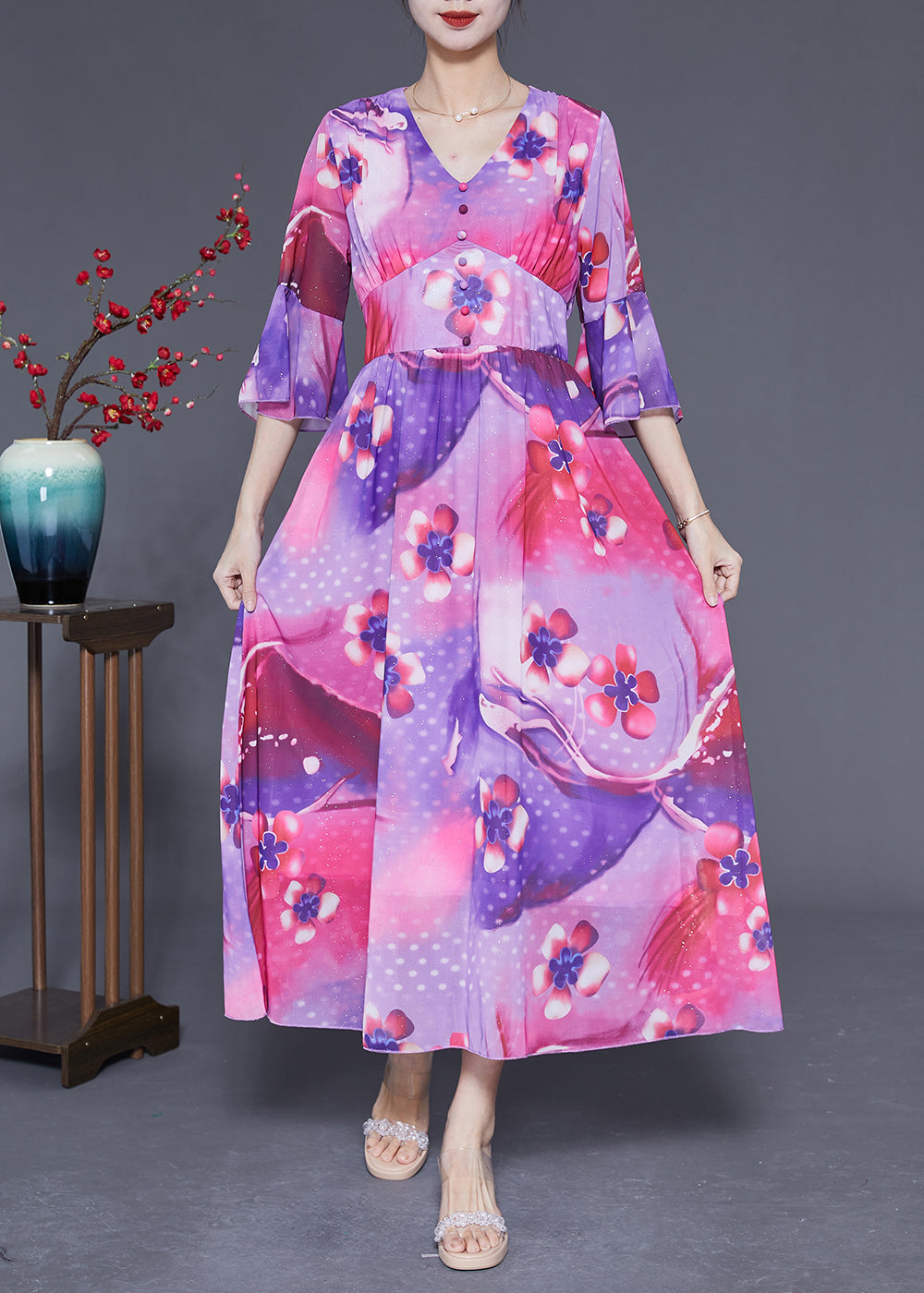 Bohemian Rose Cinched Patchwork Print Silk Vacation Dress Summer LY1835 - fabuloryshop