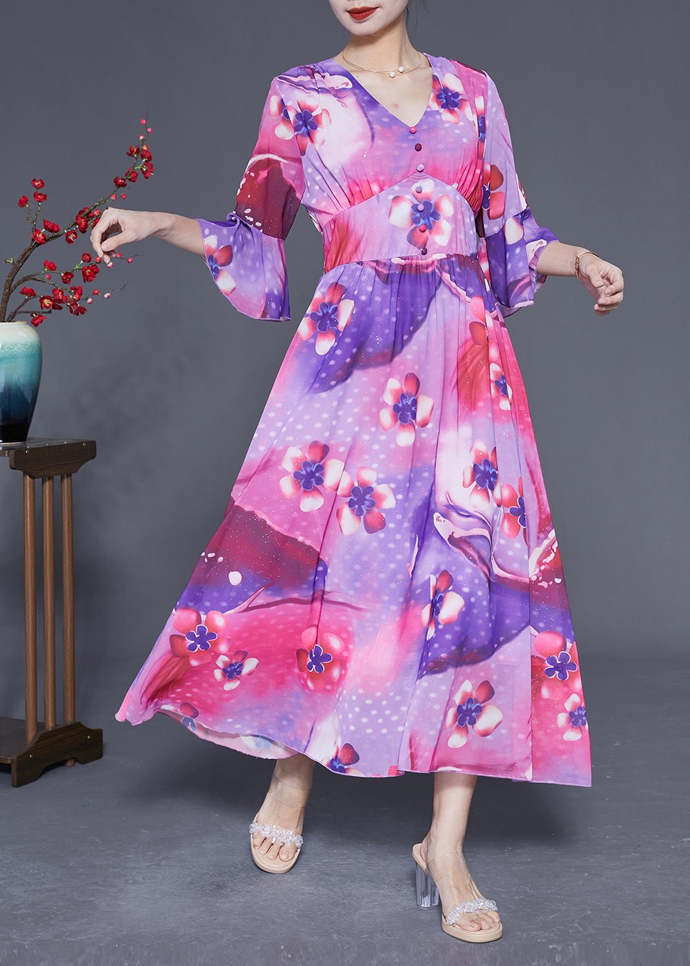 Bohemian Rose Cinched Patchwork Print Silk Vacation Dress Summer LY1835 - fabuloryshop