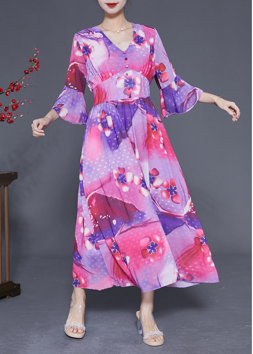 Bohemian Rose Cinched Patchwork Print Silk Vacation Dress Summer LY1835 - fabuloryshop