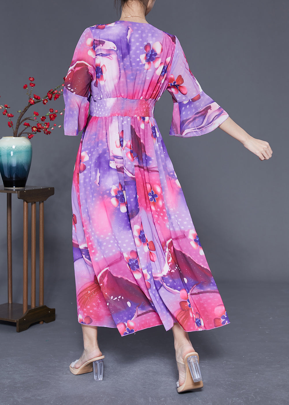 Bohemian Rose Cinched Patchwork Print Silk Vacation Dress Summer LY1835 - fabuloryshop