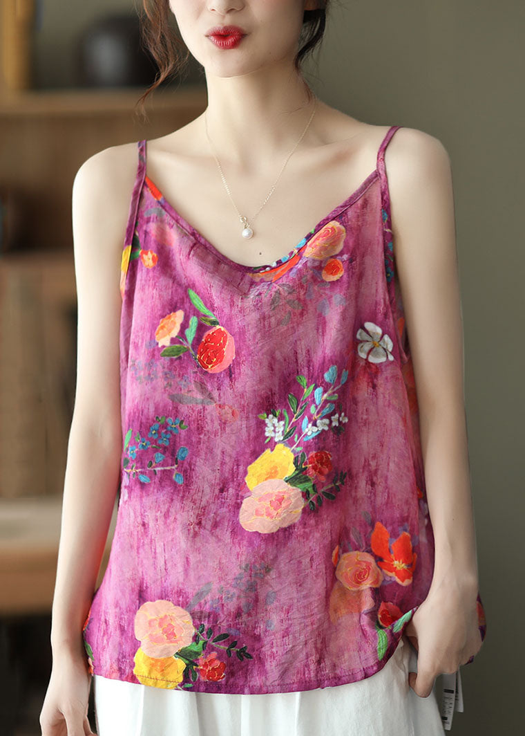 Bohemian Rose O Neck Print Patchwork Linen Tank Sleeveless Ada Fashion