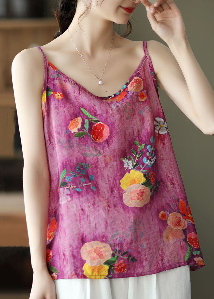 Bohemian Rose O Neck Print Patchwork Linen Tank Sleeveless Ada Fashion