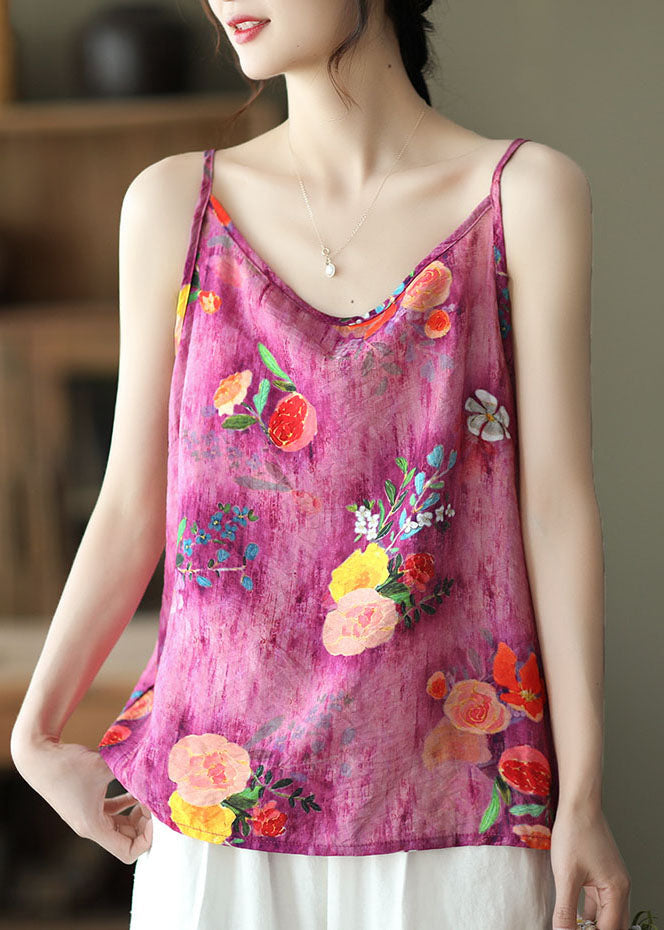 Bohemian Rose O Neck Print Patchwork Linen Tank Sleeveless Ada Fashion