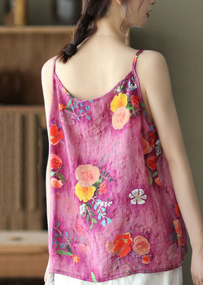 Bohemian Rose O Neck Print Patchwork Linen Tank Sleeveless Ada Fashion