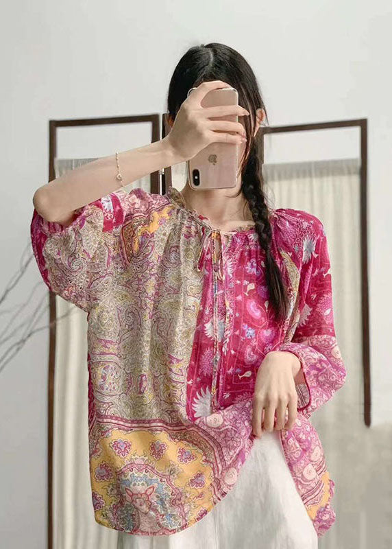 Bohemian Rose Ruffled Print Patchwork Linen Shirt Tops  Summer LY2485