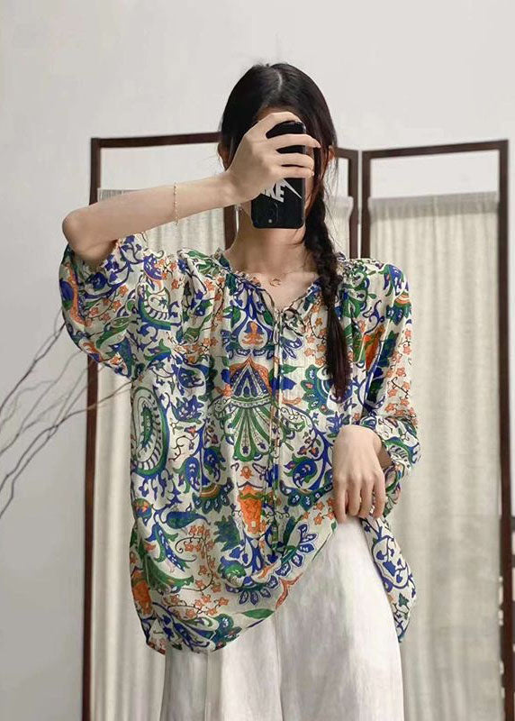 Bohemian Rose Ruffled Print Patchwork Linen Shirt Tops  Summer LY2485 - fabuloryshop