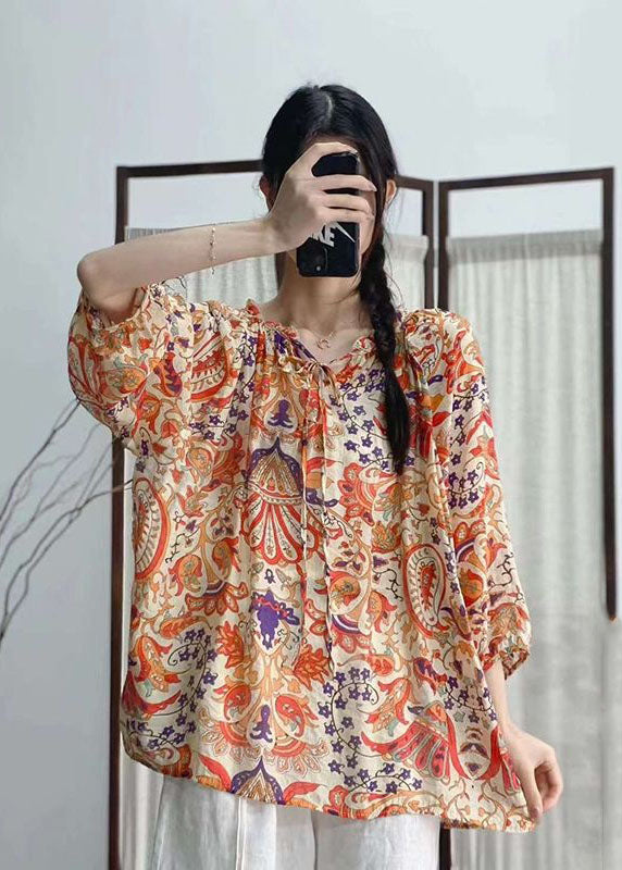 Bohemian Rose Ruffled Print Patchwork Linen Shirt Tops  Summer LY2485