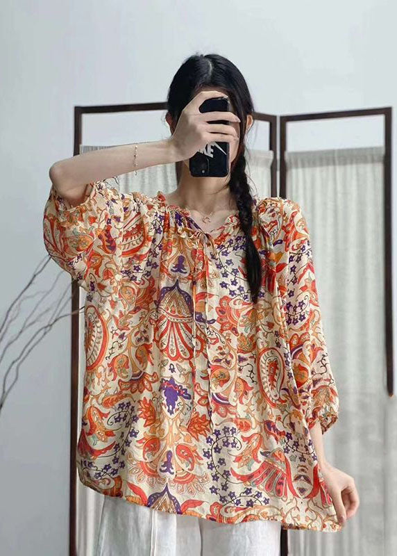 Bohemian Rose Ruffled Print Patchwork Linen Shirt Tops  Summer LY2485 - fabuloryshop