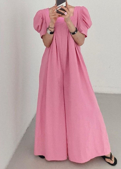 Bohemian Rose Square Collar Oversized Linen Jumpsuits Wide Leg Pants Summer LY1317 - fabuloryshop