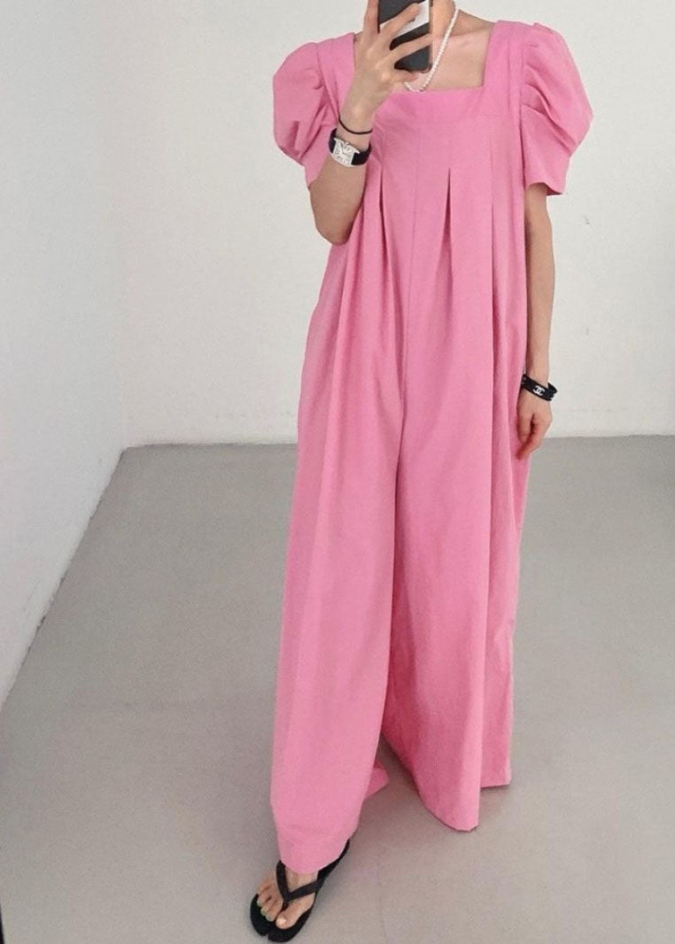 Bohemian Rose Square Collar Oversized Linen Jumpsuits Wide Leg Pants Summer LY1317
