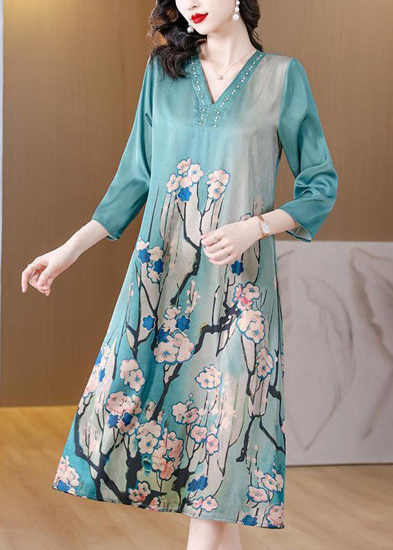 Bohemian Sky Blue V Neck Print Silk Dresses Bracelet Sleeve LY1681 - fabuloryshop