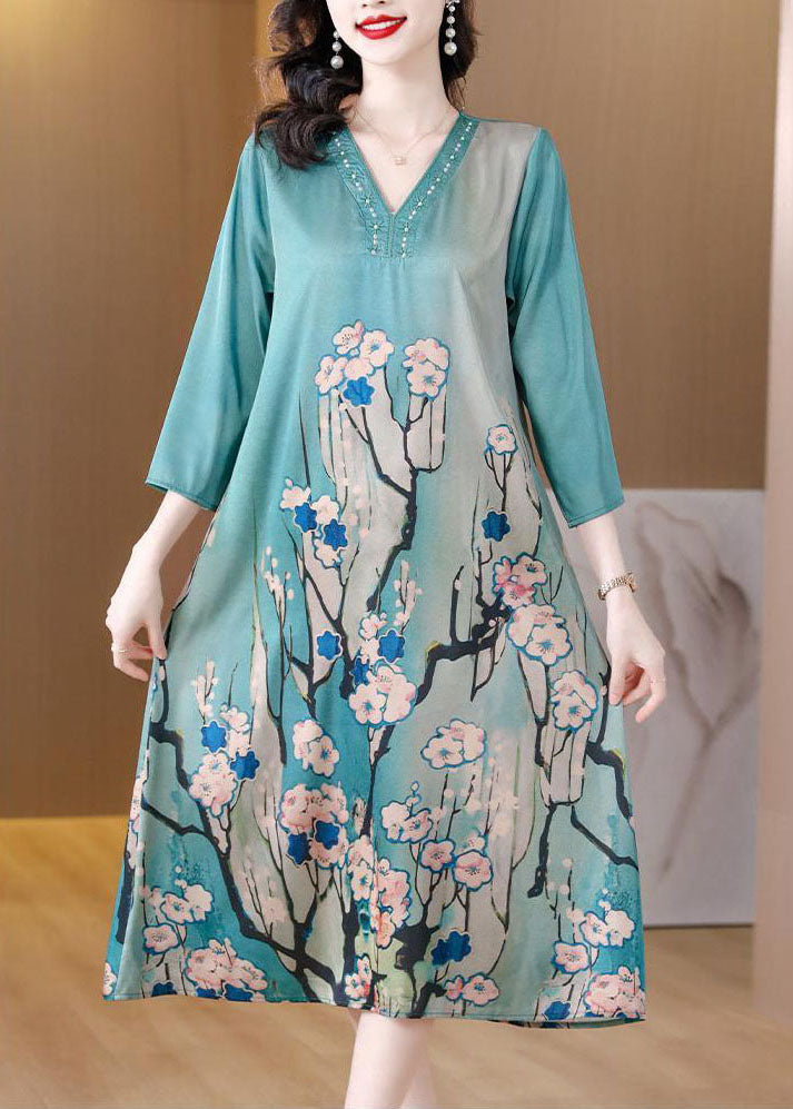 Bohemian Sky Blue V Neck Print Silk Dresses Bracelet Sleeve LC0213 - fabuloryshop