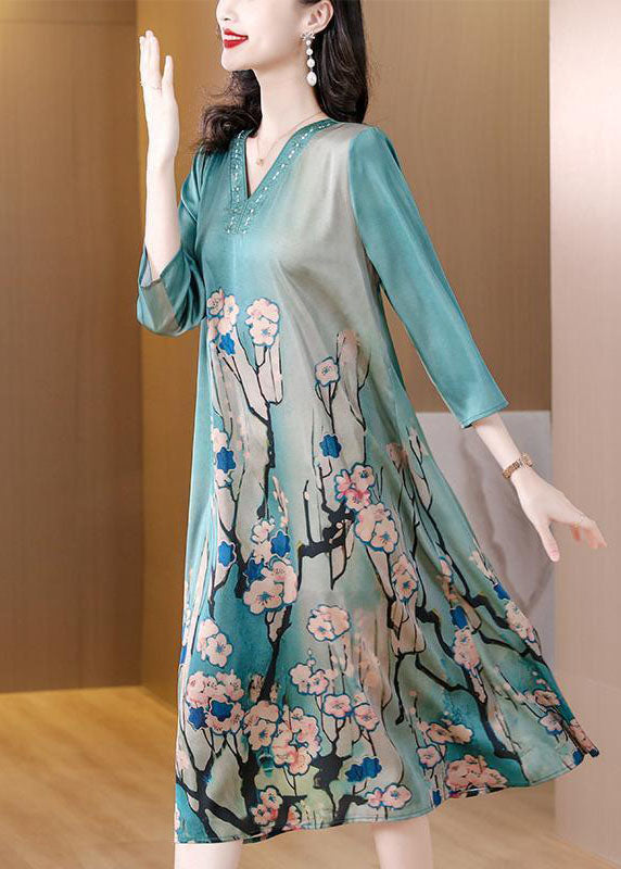 Bohemian Sky Blue V Neck Print Silk Dresses Bracelet Sleeve LC0213 - fabuloryshop