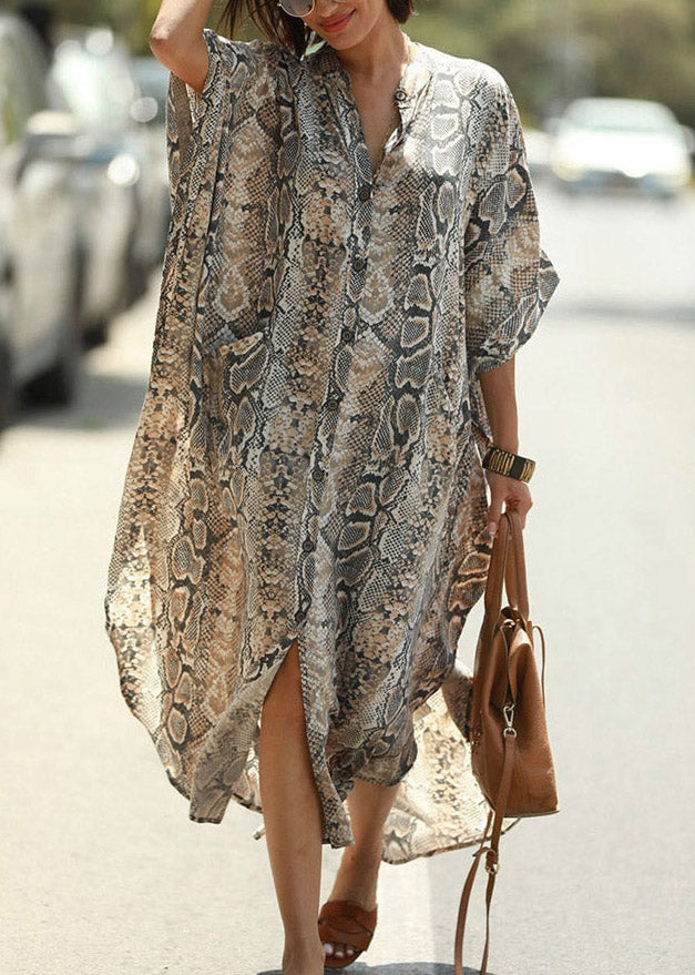 Bohemian Stand Collar Print Button Side Open Maxi Shirts Dresses Summer LY3043 - fabuloryshop