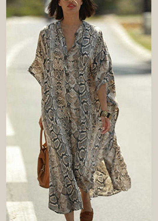 Bohemian Stand Collar Print Button Side Open Maxi Shirts Dresses Summer LY3043 - fabuloryshop