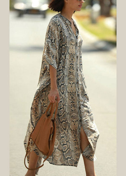 Bohemian Stand Collar Print Button Side Open Maxi Shirts Dresses Summer LY3043 - fabuloryshop