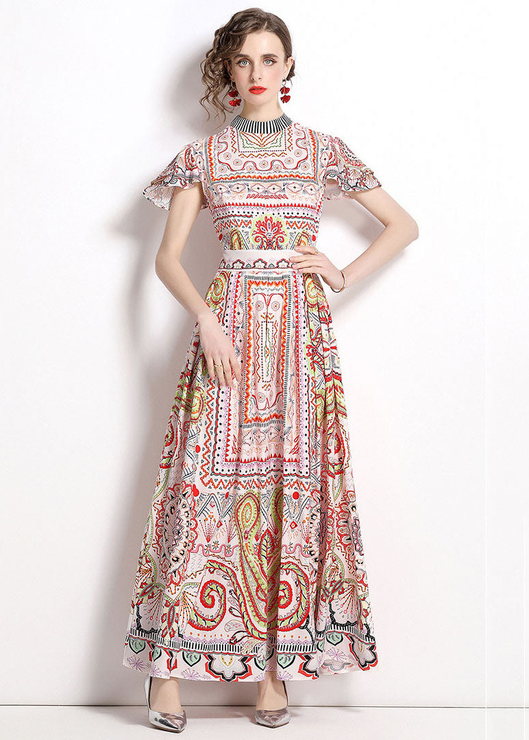 Bohemian Stand Collar Print Wrinkled Patchwork Chiffon Maxi Dresses Summer LY7445 - fabuloryshop