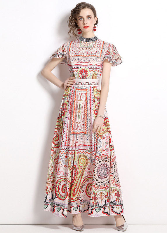 Bohemian Stand Collar Print Wrinkled Patchwork Chiffon Maxi Dresses Summer LY7445 - fabuloryshop