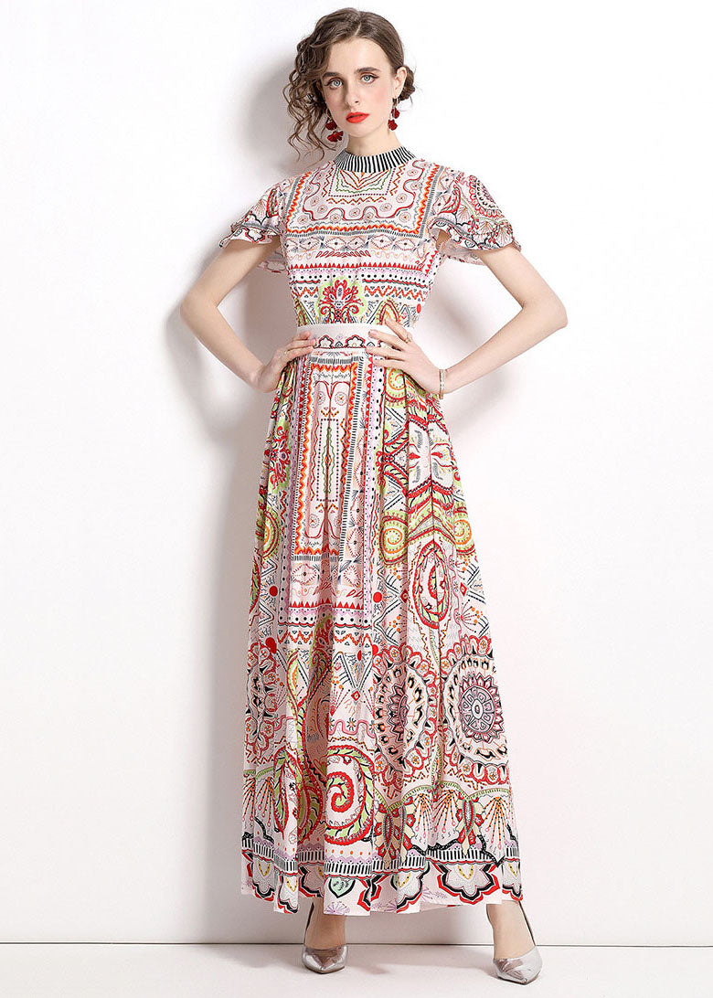 Bohemian Stand Collar Print Wrinkled Patchwork Chiffon Maxi Dresses Summer LY7445 - fabuloryshop