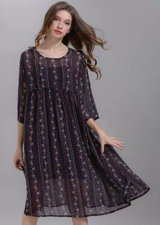 Bohemian Striped O Neck Wrinkled Patchwork Chiffon Dresses Half Sleeve Ada Fashion