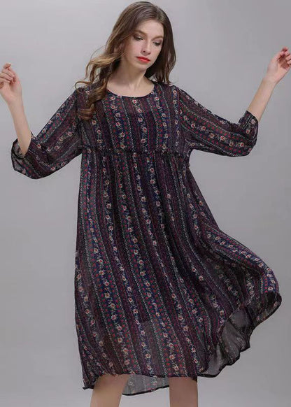 Bohemian Striped O Neck Wrinkled Patchwork Chiffon Dresses Half Sleeve Ada Fashion