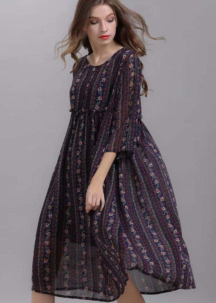 Bohemian Striped O Neck Wrinkled Patchwork Chiffon Dresses Half Sleeve Ada Fashion