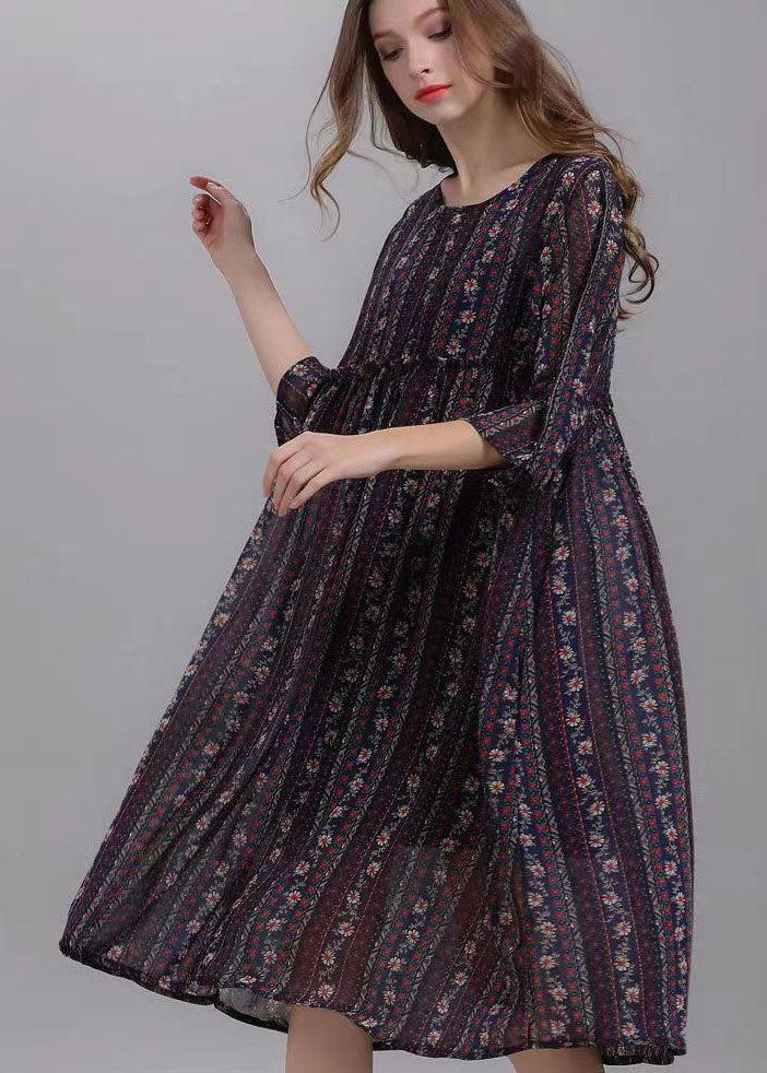 Bohemian Striped O Neck Wrinkled Patchwork Chiffon Dresses Half Sleeve Ada Fashion