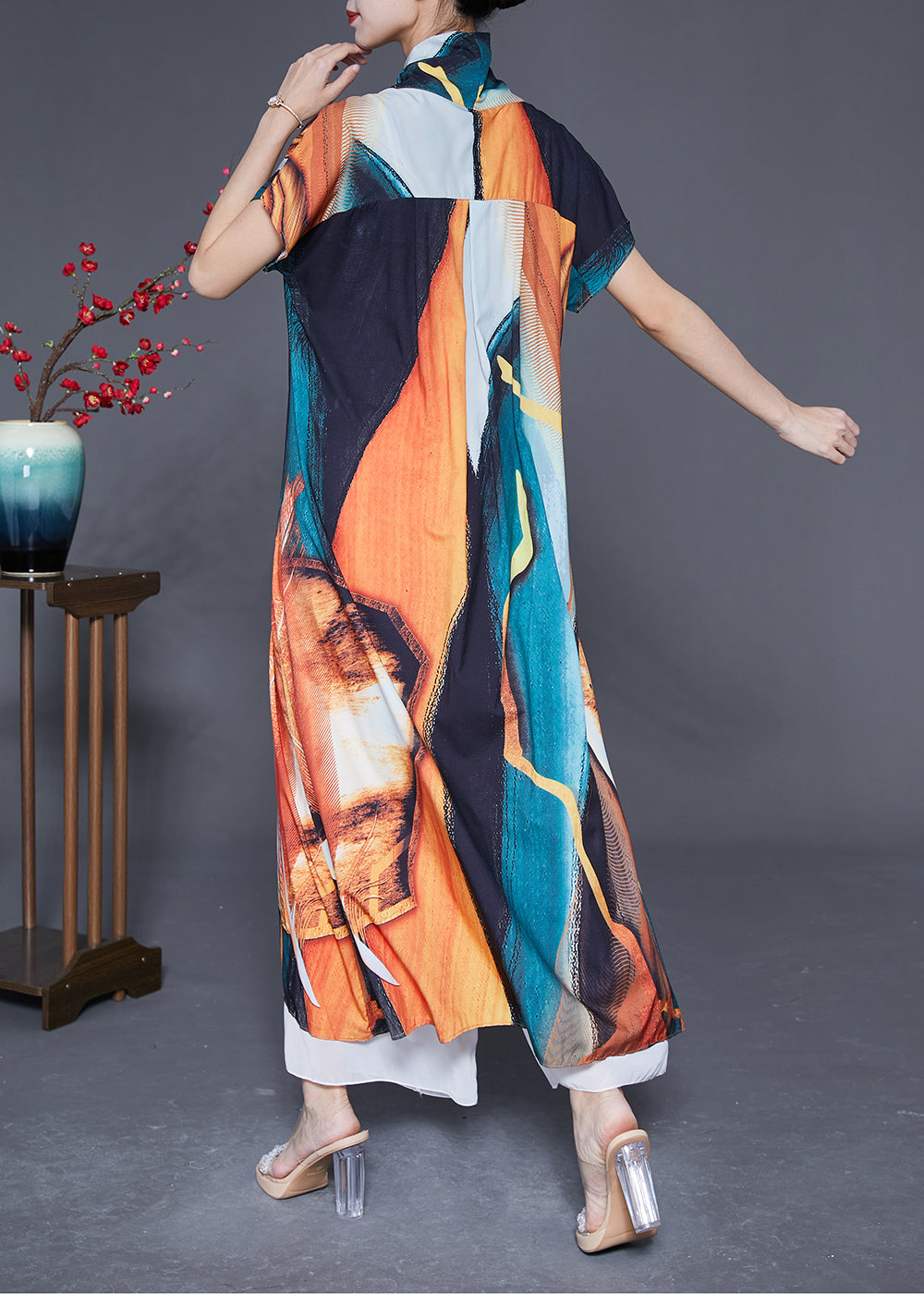 Bohemian V Neck Lace Up Print Silk Holiday Dress Summer LY2897