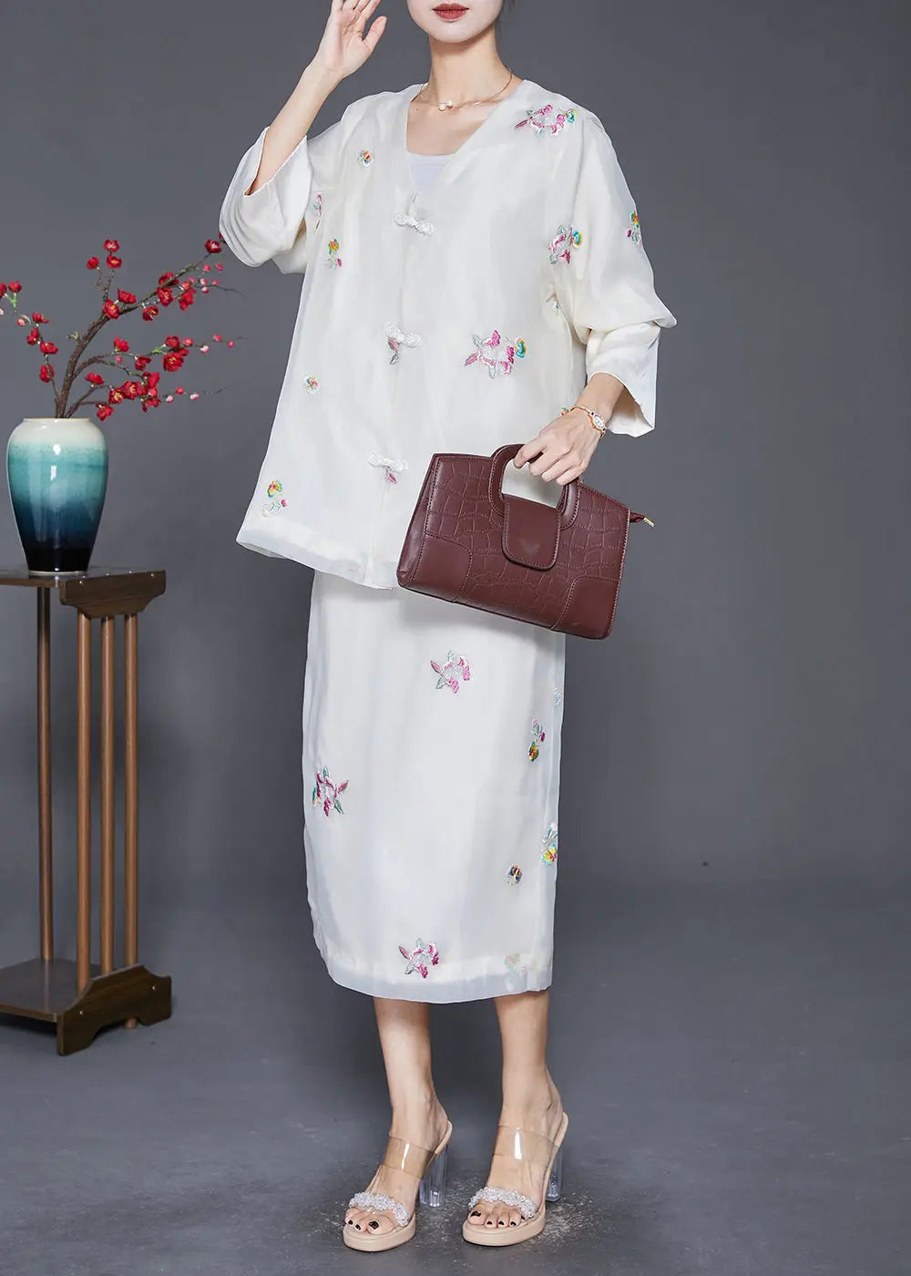 Bohemian White Embroideried Chinese Button Silk Two-Piece Set Fall Ada Fashion