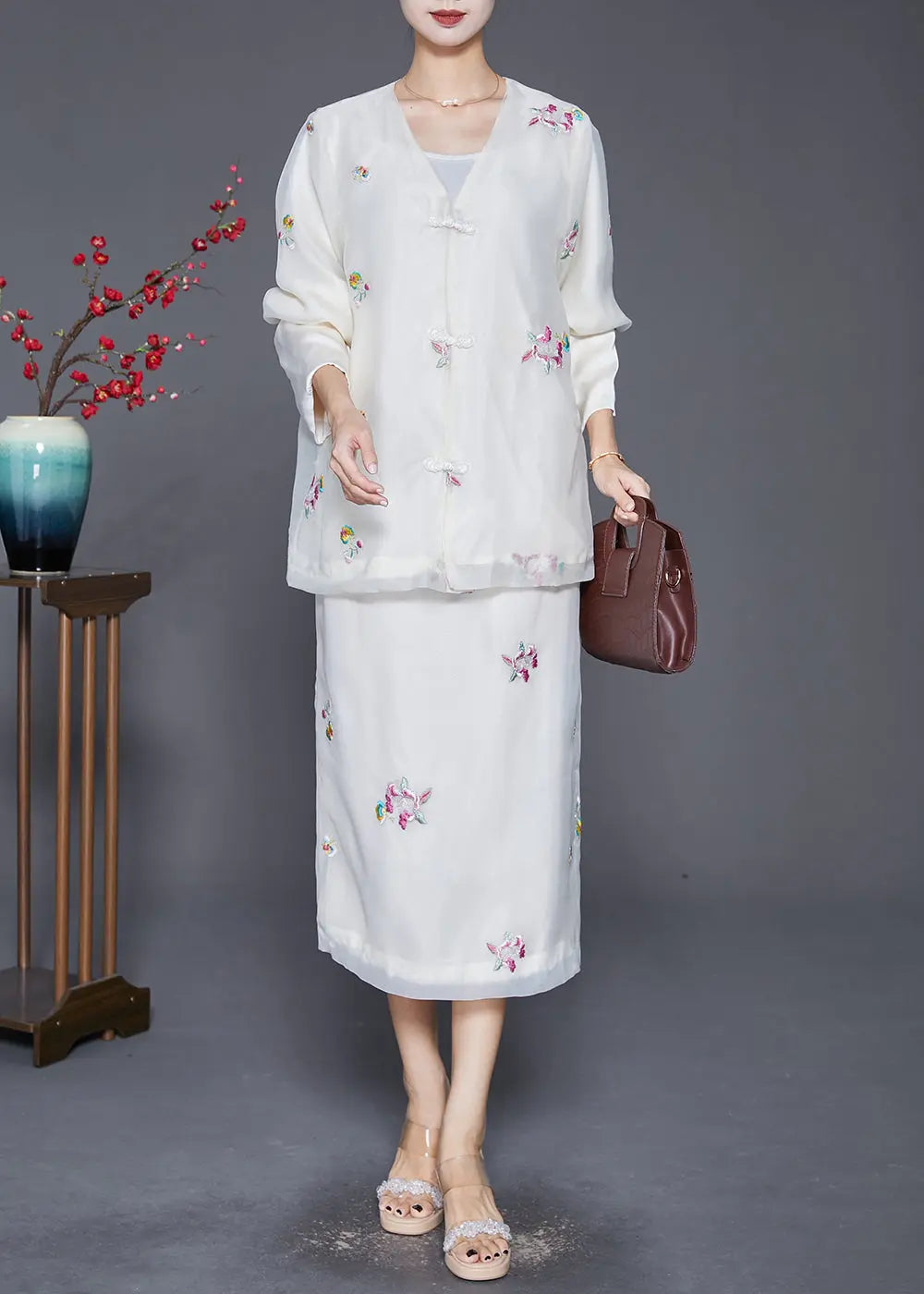 Bohemian White Embroideried Chinese Button Silk Two-Piece Set Fall Ada Fashion