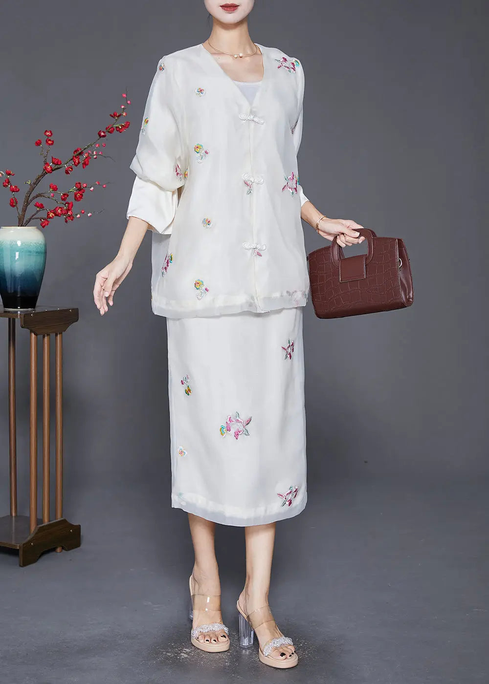 Bohemian White Embroideried Chinese Button Silk Two-Piece Set Fall Ada Fashion