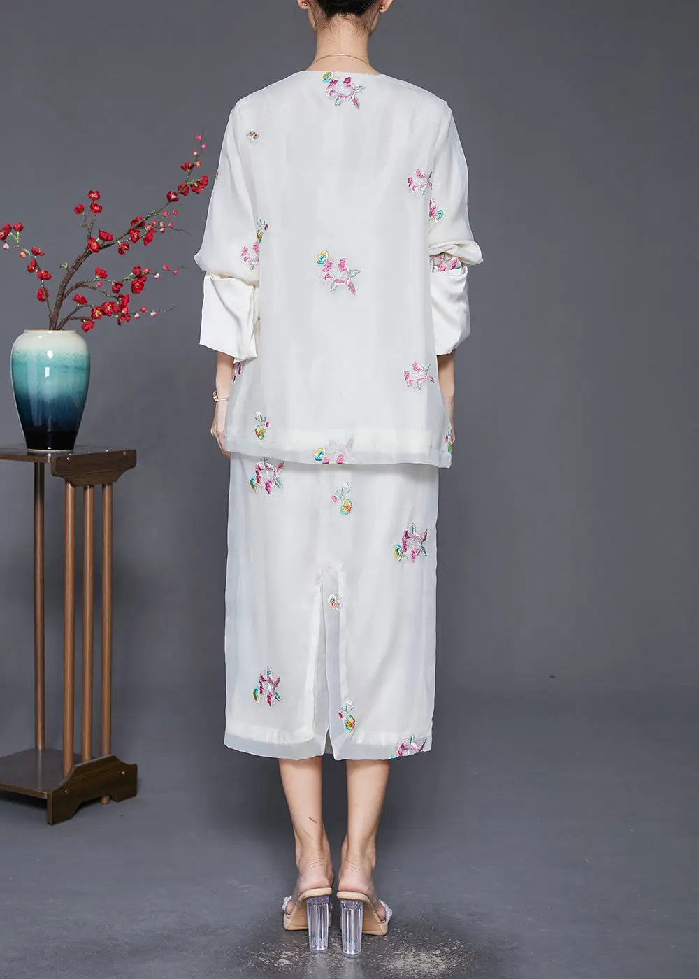 Bohemian White Embroideried Chinese Button Silk Two-Piece Set Fall Ada Fashion