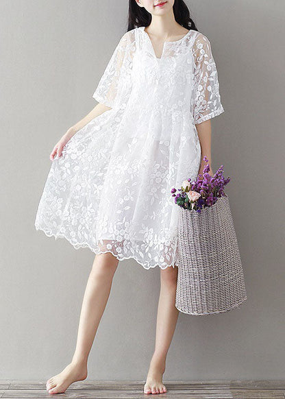 Bohemian White Embroideried Lace Patchwork Tulle Mid Dress Summer LY7448 - fabuloryshop