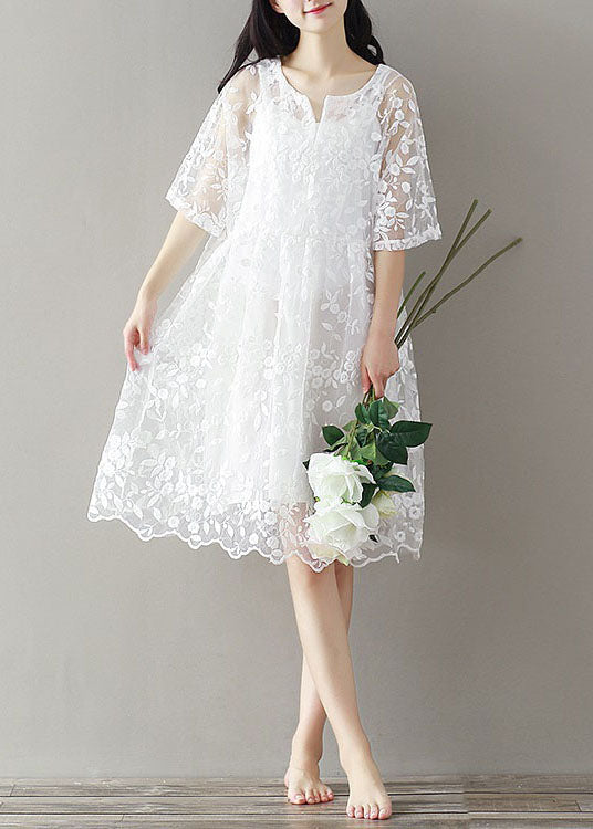 Bohemian White Embroideried Lace Patchwork Tulle Mid Dress Summer LY7448 - fabuloryshop